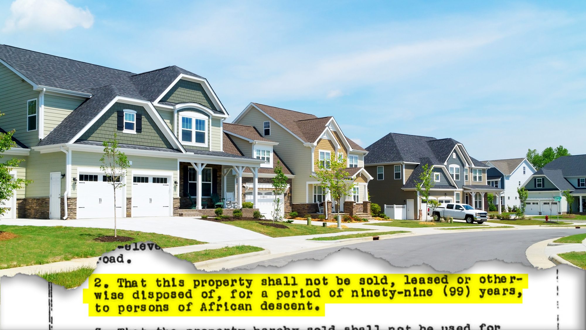 Suburban homes with text of racial covenant