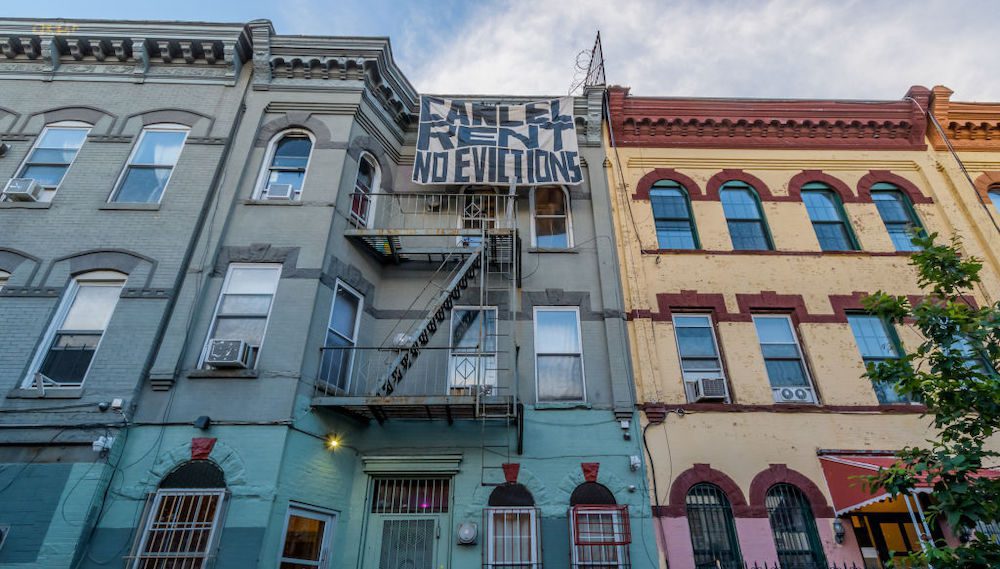 Cancel Rent banner on building in Bushwick, Brooklyn, NY