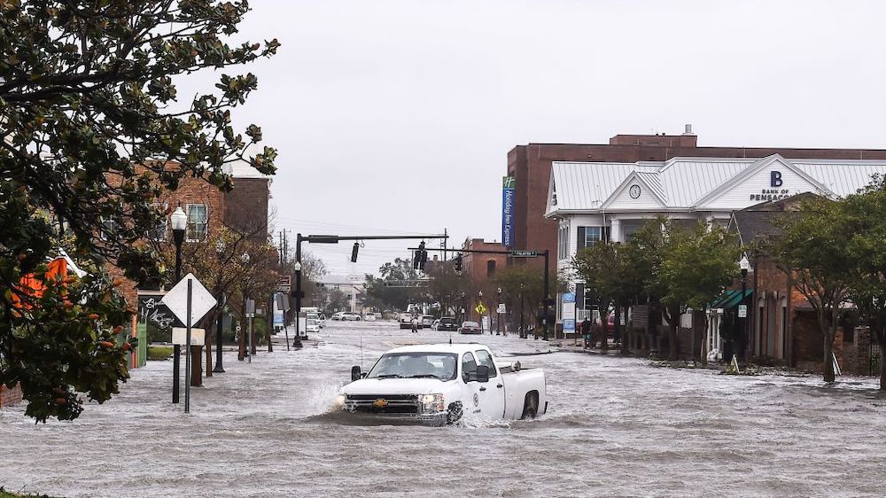 A flooded street during Hurricane Sally in Pensacola, FL